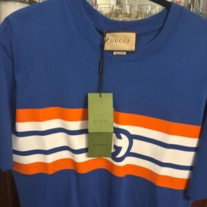 Gucci Interlocking GG, Blue and Orange Striped T-Shirt Size Medium Authentic New